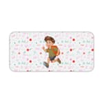 Infidu Running Boy Desk Mat with a white background, pink and green designs, and a cartoon boy running with a backpack, adding a playful touch. Desk Pad kept on a plain white background