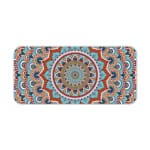 Infidu Desk Pad featuring intricate mandala design with blue background and vibrant orange, red, and white details. Desk Pad kept on a plain white background