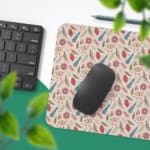 Infidu Boho Pattern Desk Mat with a colorful pattern of abstract shapes and lines in pink, blue, and green. Desk Pad with Keyboard and Mouse