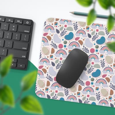 Infidu Boho Pattern Desk Mat with colorful cups, plants, and geometric shapes on a white background, adding a stylish and functional touch. Desk Pad with Keyboard and Mouse