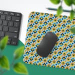 Infidu Geometric Pattern Art Desk Pad with a small, repeating pattern of blue and yellow shapes for a lively and playful look. Desk Pad with Keyboard and Mouse