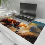 Majestic horse galloping with flowing mane and tail on a colorful abstract background of oranges and blues. the desk pad is kept on the laptop