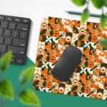 Infidu Geometric Pattern Art Desk Pad with abstract geometric design in orange, black, and white for a modern and dynamic workspace. Desk Pad with Keyboard and Mouse