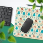 Infidu Knitted Pattern Desk Pad with a beige background featuring small, colorful flowers and geometric patterns. Desk Pad with Keyboard and Mouse