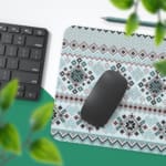 Infidu Knitted Pattern Desk Pad with light blue background and darker blue floral and geometric shapes. Desk Pad with Keyboard and Mouse