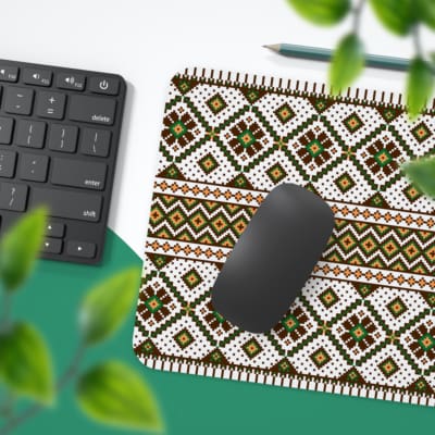 Infidu Knitted Pattern Desk Pad with white background and brown geometric shapes. Desk Pad with Keyboard and Mouse