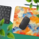 Infidu Desk Pad with an abstract blend of orange, blue, and white, resembling a sunset or colorful sky Desk Pad with Keyboard and Mouse.