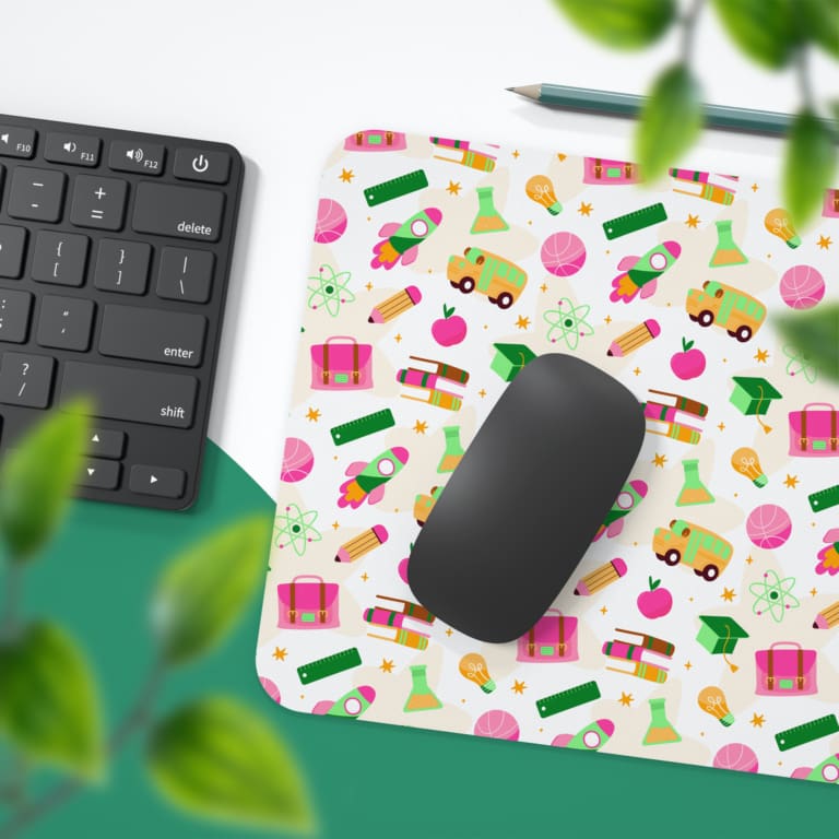 Infidu Vibrant Learning Zone Desk Mat with a cream background and small colorful food illustrations like pizza and hamburgers. Desk Pad with Keyboard and Mouse