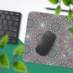 Infidu Desk Pad with geometric and floral pattern on gray background, featuring pink, green, and white accents for a modern look. Desk Pad with Keyboard and Mouse