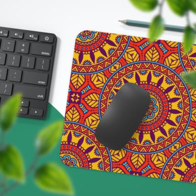 Infidu Desk Pad with bold mandala-like pattern and vibrant red, yellow, and orange details. Desk Pad with Keyboard and Mouse