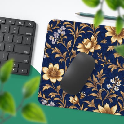 Navy blue desk mat with a golden floral pattern featuring stylized flowers and stems, adding elegance to your workspace. Desk Pad with Keyboard and Mouse