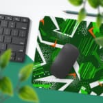 Infidu Desk Pad features green geometric patterns on a dark background, adding a stylish and durable touch to any workspace. Desk Pad with Keyboard and Mouse