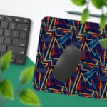 Infidu Vector Pattern Desk Pad with colorful geometric lines on a navy blue background, perfect for modern workspaces. Desk Pad with Keyboard and Mouse