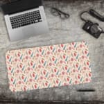 Infidu Boho Pattern Desk Mat with a colorful pattern of abstract shapes and lines in pink, blue, and green. Desk Pad with Keyboard and Mouse in near by the laptop