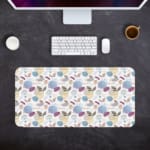 Infidu Painting Style Boho Desk Mat with white background and blue, purple, and brown leaf-like shapes and circles. Desk Pad with Keyboard and Mouse in gray background