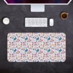 Infidu Boho Pattern Desk Mat with colorful cups, plants, and geometric shapes on a white background, adding a stylish and functional touch. Desk Pad with Keyboard and Mouse in gray background