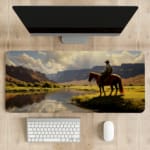 Infidu Horse Rider Desk Pad with a natural landscape showing a person on horseback against mountains, a river, and grassy fields. desk pad kept on the table