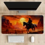 Desk pad featuring a horse rider against a vivid desert sunset with warm colors and rugged rock formations. desk pad kept on the table