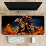 Dynamic desk pad featuring a fiery horse rider in action with vivid flames and a dark background. desk pad kept on the table