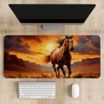 Running horse at sunset desk pad with a light brown horse in a desert landscape, dramatic sunset sky, and flowing mane. desk pad kept on the table Running horse at sunset desk pad with a light brown horse in a desert landscape, dramatic sunset sky, and flowing mane. desk pad kept on the table