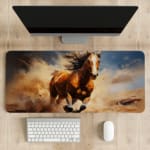 Dynamic brown horse galloping with flowing mane against a blue sky background. desk pad kept on the table