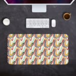 Infidu Geometric Pattern Art Desk Pad with wavy, colorful lines in bright shades for a dynamic and elegant workspace. Desk Pad with Keyboard and Mouse in gray background