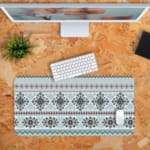 Infidu Knitted Pattern Desk Pad with light blue background and darker blue floral and geometric shapes. Desk Pad with Keyboard and Mouse in orange background