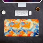 Infidu Desk Pad with an abstract blend of orange, blue, and white, resembling a sunset or colorful sky Desk Pad kept on a gray background