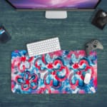 Infidu Desk Pad with vibrant pink and blue swirls, creating an energetic and eye-catching design. Desk Pad with Keyboard and Mouse in green background