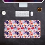 Infidu Desk Pad with colorful watercolor-like dots in shades of purple, red, and pink, creating a bright and artistic design. Desk Pad with Keyboard and Mouse in gray background