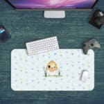 Infidu Just Born Chick Desk Mat with a white background and gray triangle design in a comic-style. Desk Pad with Keyboard and Mouse green background