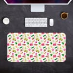 Infidu Vibrant Learning Zone Desk Mat with a cream background and small colorful food illustrations like pizza and hamburgers. Desk Pad kept on a gray background