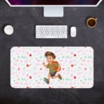 Infidu Running Boy Desk Mat with a white background, pink and green designs, and a cartoon boy running with a backpack, adding a playful touch. Desk Pad with Keyboard and Mouse in gray background