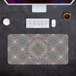 Infidu Desk Pad with geometric and floral pattern on gray background, featuring pink, green, and white accents for a modern look. Desk Pad kept on a gray background