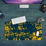 Infidu Vector Pattern Desk Pad with yellow grid-like lines on a deep teal background, ideal for modern workspaces. Desk Pad with Keyboard and Mouse in green background