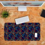 Infidu Vector Pattern Desk Pad with colorful geometric lines on a navy blue background, perfect for modern workspaces. Desk Pad with Keyboard and Mouse in orange background