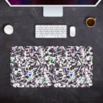 Infidu Vector Pattern Desk Pad with chaotic black and white design, colorful accents, and a white background. Desk Pad with Keyboard and Mouse