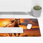 Running horse at sunset desk pad with a light brown horse in a desert landscape, dramatic sunset sky, and flowing mane. Desk Pad with Keyboard and Mouse on top of the desk pad