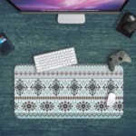 Infidu Knitted Pattern Desk Pad with light blue background and darker blue floral and geometric shapes. Desk Pad with Keyboard and Mouse in green background