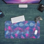 Infidu Desk Pad with blue and pink brush strokes blending, creating a dreamy and artistic effect on a light background. Desk Pad with Keyboard and Mouse in green background