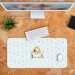 Infidu Just Born Chick Desk Mat with a white background and gray triangle design in a comic-style. Desk Pad with Keyboard and Mouse orange background