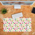 Infidu Vibrant Learning Zone Desk Mat with a cream background and small colorful food illustrations like pizza and hamburgers. Desk Pad with Keyboard and Mouse in orange background