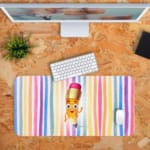 Infidu Crayon Cartoon Desk Mat with colorful vertical stripes and a cheerful cartoon pencil character, adding a creative touch to your desk. Desk Mat with a Computer