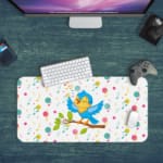 Infidu Lovely Singing Parrot Desk Pad with a white background and musical design, featuring a vibrant comic-style illustration. Desk Pad kept on a green background