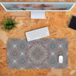 Infidu Desk Pad with geometric and floral pattern on gray background, featuring pink, green, and white accents for a modern look. Desk Pad with Keyboard and Mouse in orange background