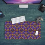 Infidu desk pad featuring a deep purple background with repeating yellow floral and star-like patterns. Desk Pad with Keyboard and Mouse in green background