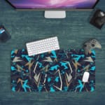 Infidu Vector Pattern Desk Pad featuring light blue and white arrow shapes on a dark gray or black background, ideal for modern workspaces. Desk Pad with Keyboard and Mouse in green background