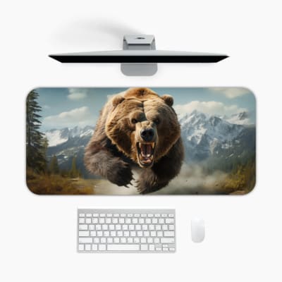 Roaring brown bear with a mountain and sky background on a desk pad, featuring cool blue skies and snow-covered mountains. A desk pad under the computer