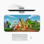 Infidu Explore Nature Desk Mat features a vibrant anime design with animals, trees, and mountains in orange and other colors, perfect for children's desks Desk Mat with an Apple Computer