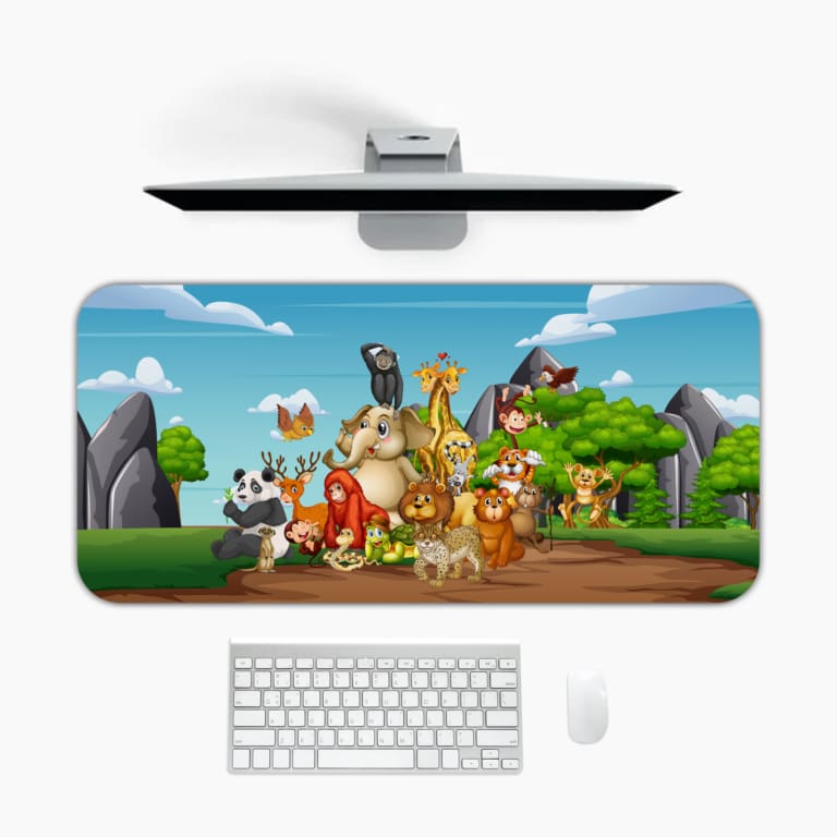 Infidu Explore Nature Desk Mat features a vibrant anime design with animals, trees, and mountains in orange and other colors, perfect for children's desks Desk Mat with an Apple Computer